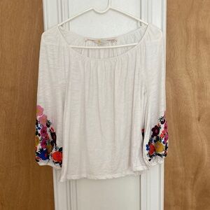 Boden White Blouse with Colorful Floral Sleeves